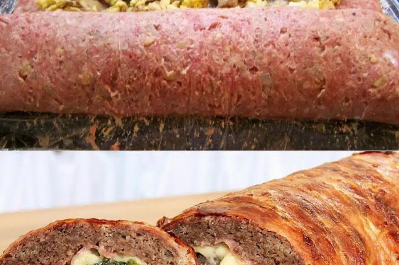 Bacon-Hackfleischrolle mit Schinken und Käse gefüllt