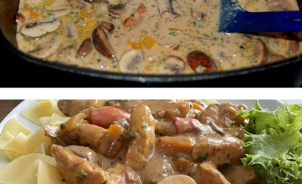 Puten Sahne Gulasch auf Bandnudeln