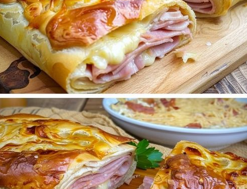 Gefüllter Blätterteigstrudel mit Schinken und Käse in 10 Minuten