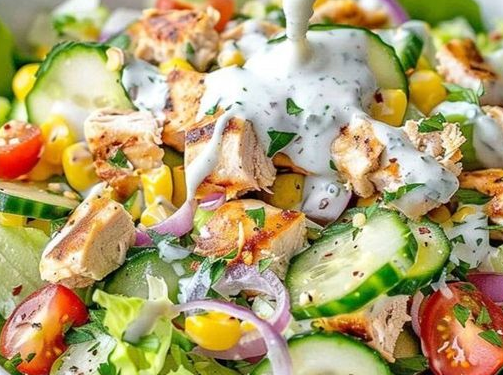 Hähnchen Salat mit Knoblauchsauce