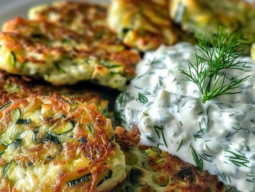 Zucchinipuffer mit Feta Knoblauch und Tzatziki in 15 Minuten