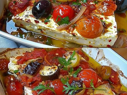 Gebackener Schafskäse mit Knoblauch und 15 kleine Tomaten