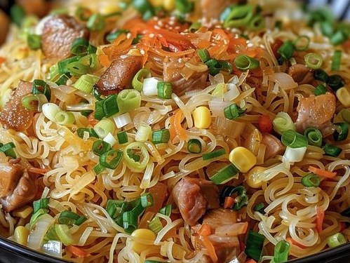 Gebratene Nudeln mit 250 g Putenbrust das mache ich jede Woche